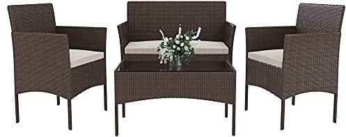 Arreditaly Set Di Mobili da Giardino Salotto Salottino in Rattan 4 Posti con Tavolino E Ripiano In Vetro 2 Poltrone e Divano 2 Posti Per Giardino Esterno Piscina Cuscini Sfoderabili (Brown)
