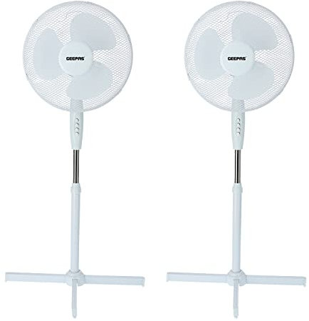 GEEPAS 16” Pedestal Free Standing Cooling Fan | 3 Speed 5 Blades Wide Angled Oscillation | Pivoting Head & Adjustable Height | Powerful Airflow Floor Fan | Home Office Use, White 45W Pack of 2