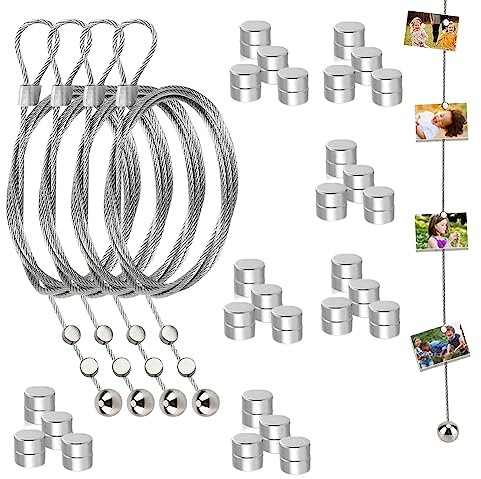 Fotoseil Fotodrahtseil 4 Stück Fotokette mit 48 Magneten Fotoleine 200 cm x 1,5 mm Fotogirlande Fotoschnur Bildaufhängung Seil zum Aufhängen von Fotos Postkarten Wire Rope Wire with Magnetic Rope