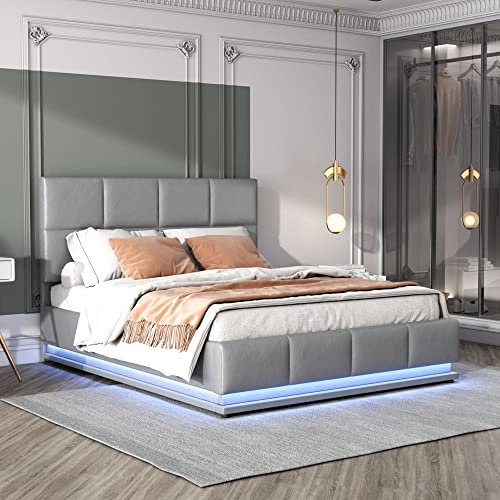 Azkoeesy Polsterbett mit LED, 140 x 200 cm, Bettkasten, Stauraum, hydraulischer Lift, Doppelbett, Stauraumbett, Jugendbett, Metallgestell und PU-Bezug, Grau