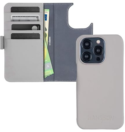 HANS/SON Handyhülle aus Echtleder kompatibel mit iPhone 15 Pro Max, Beige, Lederhülle mit Kartenfächern und MagSafe, stoßfeste Klapphülle