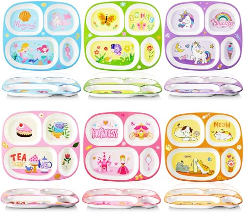 Hushee 6 Pcs 9.4 x 8.2 Inch Kids Divided Plate for Toddler Girls Boys