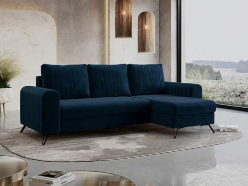 MKS MEBLE Wohnlandschaft Axel – Ecksofa L-Form universal, beidseitig montierbar (Links/rechts), Schlafsofa mit Bettkasten und Schlaffunktion, Couch mit Schlaffläche - Dunkelblau Velvet (Monolith 77)
