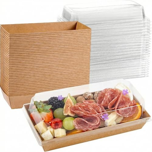 50 Pack 7.5x3.3 Inches Small Charcuterie Boxes with Clear Lids - To Go Paper Mini Treat Box, Charcuterie Boards Accessories, Dessert Boxes, Cookie, Cake Slice, Chocolate Strawberry, Donut (Brown)