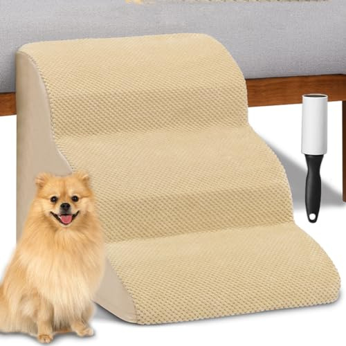 BAKAJI Scala per Animali Domestici con 3 Gradini e Rullo Rimuovipeli, Rivestimento Sfoderabile in Tessuto a Coste, Rampa per Gatti e Cani Anziani, Scaletta Imbottitura Schiuma Alta Densità (Beige)