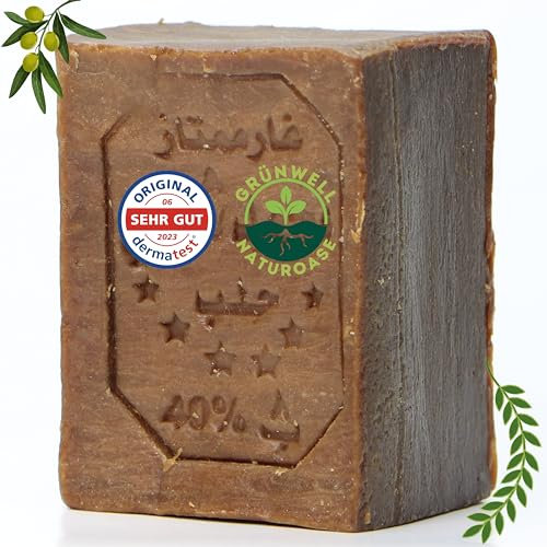 Grünwell Naturoase Aleppo Seife Original ca.200 gr 40% Lorbeeröl 60% Olivenöl,Olivenölseife Natürliche Pflege für Gesicht und Körper|Haarseife olivenöl seife|aleppo soap,Naturseife|DERMATEST:Exzellent