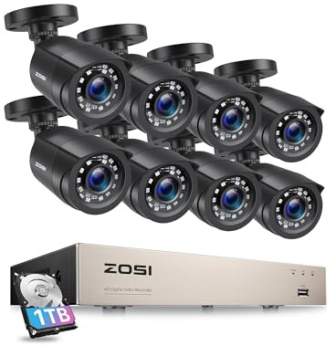 ZOSI 1080P Außen Video Überwachungskamera Set mit Kabel, 8 Outdoor Kameras | 2MP Sicherheitskamera und 8CH 5MP Lite DVR Recorder mit 1TB Festplatte CCTV Sicherheitssystem, Bewegungserkennung