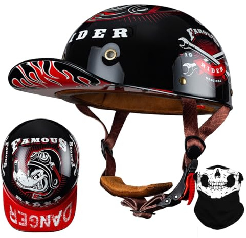 RQTEUYE Vintage Motorrad Baseball Cap Halbhelme, Retro Jethelm Halbschalenhelm mit ECE Zulassung mit Schnellverschluss für Scooter Cruiser Chopper Herren Damen Motorradhelm M-XXL