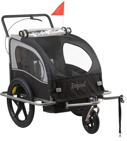 Zelsius Fahrradanhänger 2 Kinder | 2in1 Anhänger mit Joggerfunktion, Kinderfahrradanhänger | Transportwagen, Buggywagen, Kinderanhänger | Jogger Buggy, Fahranhänger, Transportanhänger