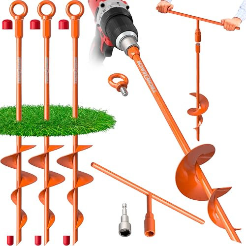 Ground Anchor Heavy Duty 18 inch - Earth Anchor Screw in Kit Orange 4 Pack - Tie Down Swing Set Anchors - Auger Spiral Stakes High Wind - Camping Carport Canopy Tent Stakes for Tree Shed Dog Sand