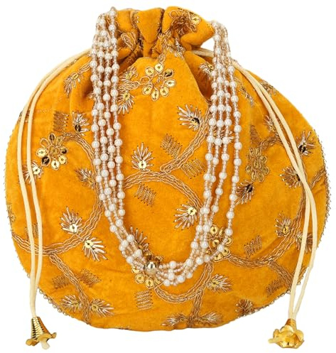 Craft Trade Yellow Evening Bag Indian Ethnic Designer Embroidered Silk Bag Batwa Pearls Handle Purse Clutch Purse for Women, Yellow, Medium