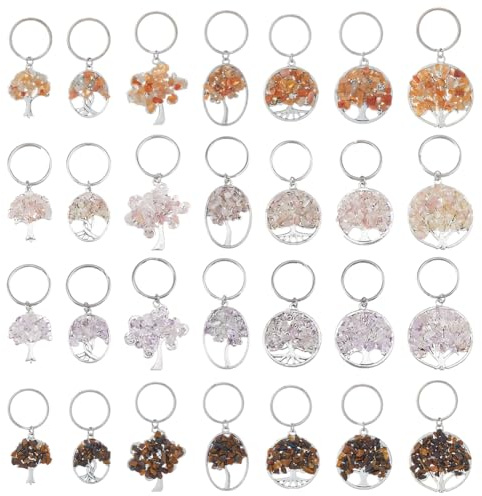 SUPERFINDINGS 28 pezzi 4 colori Portachiavi Albero Della Vita con Pietra Naturale Fatta A Mano Ciondolo Portachiavi In Pietra Preziosa per Creare Ciondoli Fai Da Te