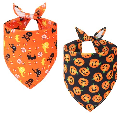 SRIZIAN 2 Stück Halloween Hund Bandanas, Adjustable Triangle Katze Hundhalstuch, Triangle Scarfs mit Kürbis-Muster, Hund Halloween-Kostüme für Kleine Mittlere Große Hunde