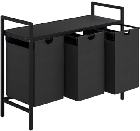 STEELSØN Rigil Wäschesammler mit 3 Fächern, 3x40L, Schwarz, 1 Ablage | Wäschekorb, Wäscheboxen, Metall Wäschesortierer, Wäschesäcke ausziehbar & herausnehmbar, Schmutzwäschebehälter, Wäschetrenner