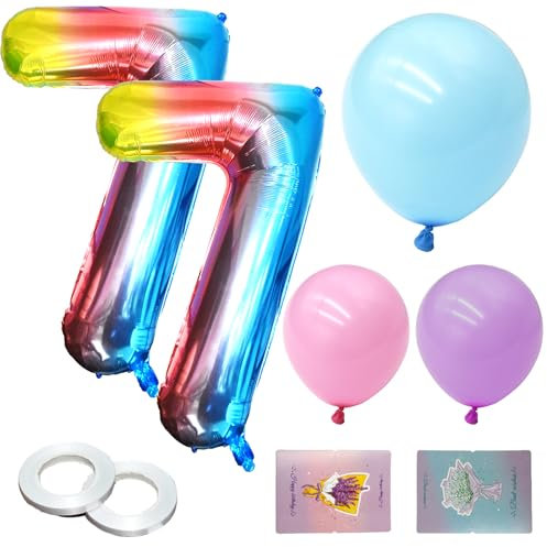 PXBSNB 2 Stück Geburtstag Zahlen Luftballon 7 Jahre, Regenbogen Farbverlauf Luftballons, 40 Zoll 101cm Folienballon Geburtstagsdeko mit Bändern für 7 Jahre Babyparty Jubiläum Party Deko