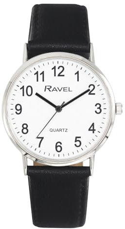 Ravel - Unisex Classic Alltagsuhr mit modernen Zahlen - Analoges Quarzwerk - R0129.20.1 - Schwarz/Silberton/Weißes Zifferblatt mit Zahlen