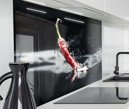 timalo Spritzschutz Wand für Herd, Küche Küchenrückwand Glasoptik | Acryl Glas 2mm | Glasrückwand Acrylglas Wandpaneele Rückwandschutz Platte | 120x60cm Paprika Chili im Wasser