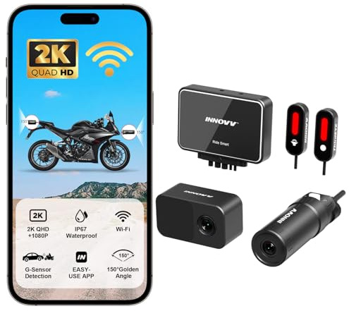 INNOVV RC6 - Cámara de moto y asistente de ángulo muerto con cámara frontal y trasera para motocicleta 2K+1080P, asistente de ángulo muerto con alarma acústica y óptica, adecuada para muchas