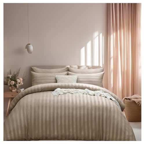 J.Din King Size Satin Stripe Reversible Duvet Cover Sets, Beige | Soft Brushed Microfiber Bedding 3 Piece Duvet Set Hotel Quality Quilt Cover with 2 Pillowcases