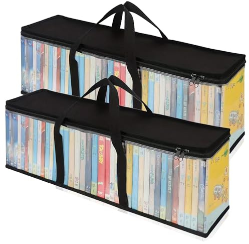 QSLKI 2 Pack Portable DVD/CD Storage Bags, Handy Disc CD Carry Case, DVD Protective Dust Collection Holder/Organiser, Holds, Movies or Video Games with Sturdy Carrying Handles (60x22x15.2cm)