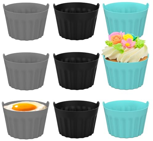 RoseFlower Moldes de Huevo para Freidora de Aire, 9 piezas Ramequines para freidora de aire, Molde Silicona para muffins, cupcakes, pudín, huevo frito, sándwiches, Cocedor de huevos en microondas