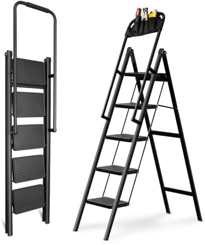 5-Step Folding Ladder with Handrails, Heavy Duty Ladders for Home & Kitchen, Folding Ladder Easy to Store, Tall Ladder for Adults, Anti-Slip & Space-Saving Step Ladder, 330 Lbs Capacity