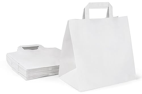 Inoverse Lot de 250 Sacs en Papier Kraft avec Anses, 32 x 12 x 40 cm, Grands Sacs en Papier Recyclables et Résistants pour Courses, pour Le Shopping, Boutiques et Cadeaux, Blanc