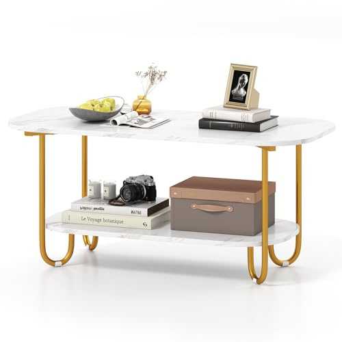 COSTWAY Couchtisch Gold, Beistelltisch Marmor Optik, Kaffeetisch mit Metallgestell, Wohnzimmertisch Holz, Sofatisch für Wohnzimmer Wohnzimmer, 100 x 50 x 45 cm, modern