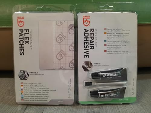 Gear Aid [Kit Super REPARACION Impermeable] Adhesivo Transparente Aquasure +FD (2 Tubos de 7g) + 2 Parches elásticos Transparentes (7.6 12.7 cm) - Trajes de Neopreno, Botas, vadeadores, hinchables...