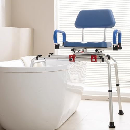Carousel Sliding Shower Chair, IP68 Swivel Seat for Bathtub with Anti-slip Safety Suction Cup & Handrail & Seat Belt, Adjustable 57-72cm Height, Support Up To 300 LBS, Smooth, for Elderly,Seniors