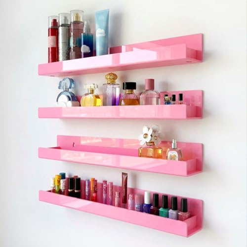 RORKIM 4 Pack 15 Inch Pink Acrylic Floating Wall Shelves, Kids Bookshelf