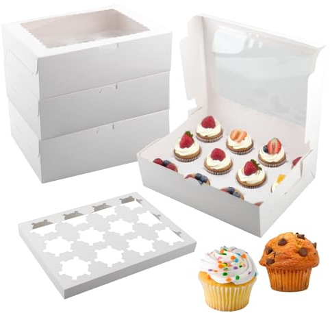 Velicber 10 stycken cupcake-lådor med visningsfönster, 12 hål, muffin, transportlåda, vit cupcake, transportlåda, muffinslåda, kartong, papper för kex, kakor, gåvor, dessert (30 x 22,8 x 9 cm)