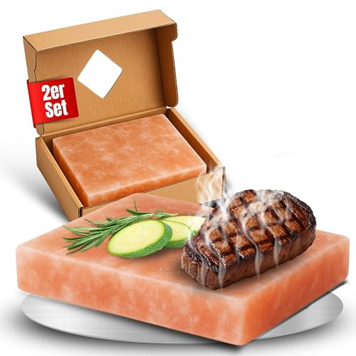 Grill Salzstein 2er Set XL aus Himalaya Salz mit Geschenkverpackung - Steinsalzplatte als Geschenk für Grillfans zum Grillen - intensive Aromen beim Grillgut - Geschenkidee für Männer