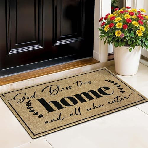 Door Mat Home Mats for Front Door Indoor Outdoor Entrance Welcome Mats with Non-Slip Backing God Bless Mat for Family Housewarming Gifts Durable Porch Hallway Floor Rugs Home Decoration 42x72 CM