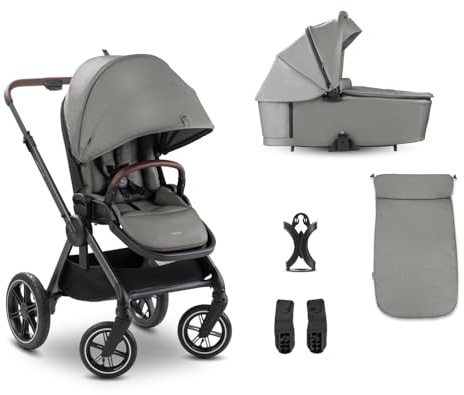 hauck 2in1 Babywagen Buggy mit Luftreifen Comfort N Care AIR SET Dark Grey | Geburt bis 22 kg/4 Jahre, Babywanne mit Memory-Knöpfe, Wendesitz mit Beindecke & Liegefunktion, UPF 50+, Babyschalenadapter