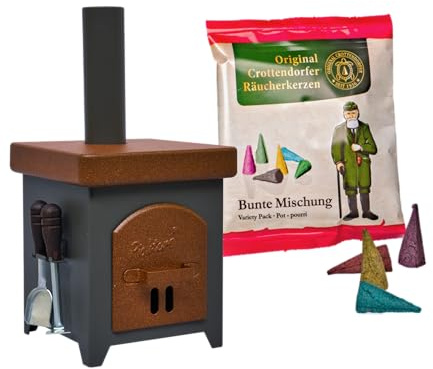 Crottendorfer Räucherkerzenofen Hüttenofen - aus Feinblech - Farbe: braun/anthrazit - inklusive Probepackung & Ofenbesteck - Höhe: 15cm - Made in Germany