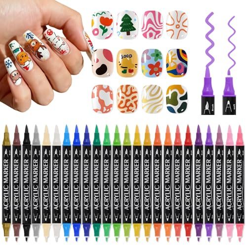EBANKU Juego de 24 rotuladores acrílicos de doble punta con colores brillantes y de secado rápido, incluye puntas de puntos y líneas, para uso doméstico y salones de uñas