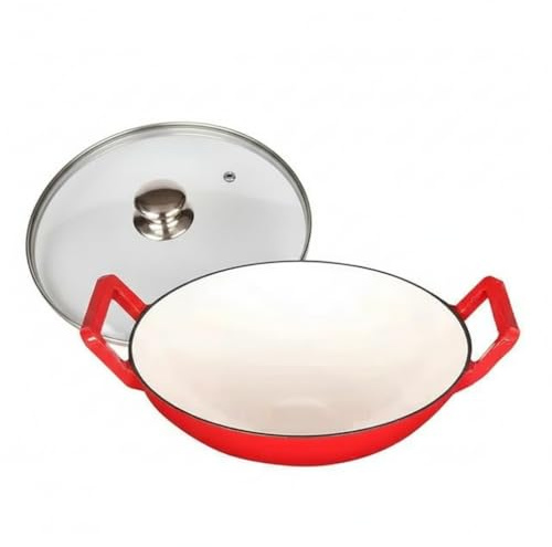 Emoré 36cm Cast-Iron Casserole Wok Pan – 6.5L Deep Stir-Fry & Stew with Lid (Non-Stick Enamel Coating, Gas/Induction Compatible) (Glass Lid)