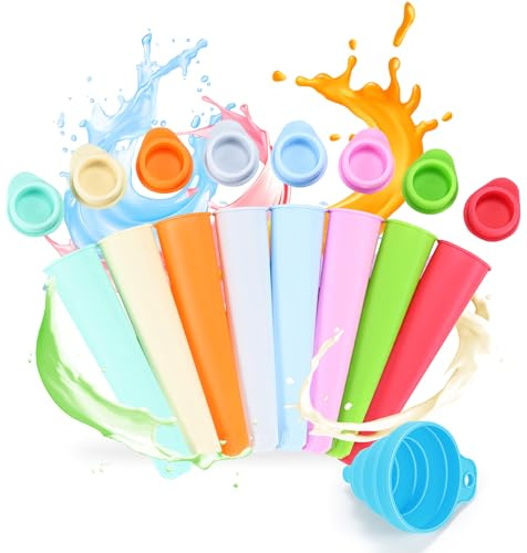 8PCS Silicone Popsicle Mold with Lids, Ice Lolly Moulds with Folding Funnel, Child-friendly Sizes, BPA Free, Easy Clean, Flexible & Reusable Ice Pop Makers for Craft Popsicle, Easy Release & Stackable