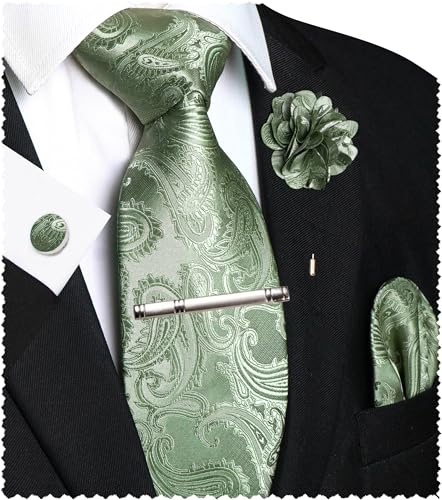 JEMYGINS Paisley broderi design slips set män näsduk slipsklämma manschettknappar knappblomma för bröllop fest affärer flerfärgad, Salbeigrän, M
