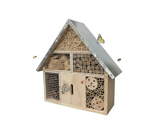 Relaxdays Hotel per Insetti, Legno, Tetto zincato, 28x30x9 cm, appendibile, Naturale/Argento, Rifugi