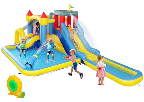 AIYAPLAY Inflatable Bouncy Castle, 6 in 1 Kids Water Bounce House with 550W Blower, Splash Pools, 2 Slides, Trampoline, Climbing Wall, Cannon, Basketball Hoop, for Garden, Party, Outdoor Indoor