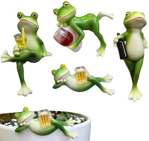 Otbushit Juego de 4 macetas, Alegre Figura de Rana de Resina con Bebidas para decoración de Plantas, decoración de Ranas de jardín e Interior