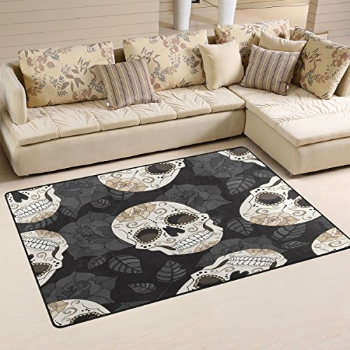Use7 Retro Totenkopf Floral Leaf Teppich Anti-Rutsch Fußmatte Fußmatte Fußmatten für Kinderzimmer Wohnzimmer Schlafzimmer, Textil, mehrfarbig, 50 x 80 cm(1.7' x 2.6' ft)