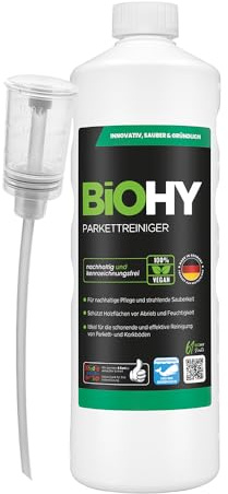 BiOHY Parkettreiniger (1l Flasche) + Dosierer | Konzentrat für versiegeltes & geöltes Parkett | materialschonend & schmutzlösend | für eine streifenfreie Reinigung | 2 in 1 Pflege & Reinigungsmittel