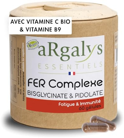 Fer Bisglycinate 14 mg + Vitamine C Bio, Haute Absorption, Sans Troubles Digestifs avec vitamine B9, 60 gélules vegan (2 mois), 100% des besoins, Anti-fatigue + Energie, Argalys