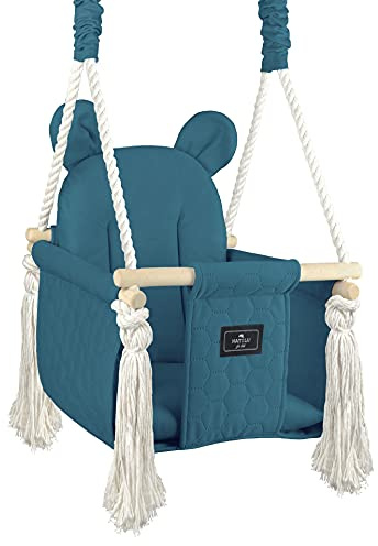 NATILU® Babyschaukel Indoor Outdoor | Bär Quilted Peacok | Schaukel | Kinderschaukel | Kindergartenschaukel | Kleinkindschaukel | Holzschaukel | Schaukelsitz | Swing ab 6M+ für Zuhause, Garten