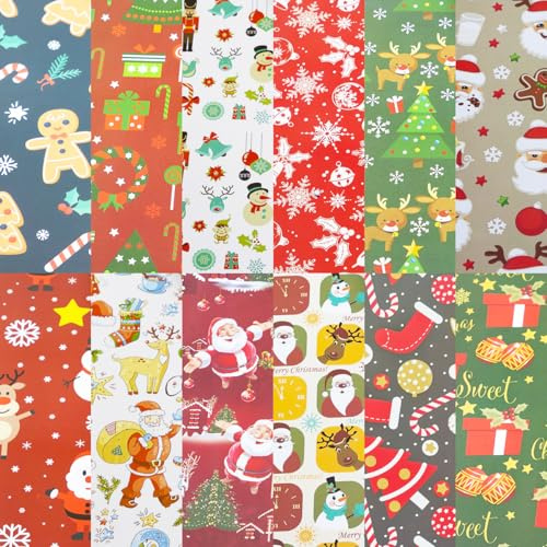 XINDY 12 Blatt Weihnachtspapier Geschenkpapier Weihnachten Set 70x50cm Weihnachtsgeschenkpapier Kinder für Geschenkverpackung Weihnachten Basteln, 12 Verschiedene Muster