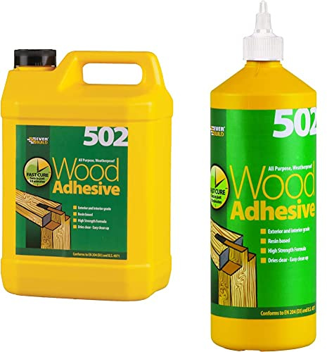 Everbuild 502 All Purpose Weatherproof Wood Adhesive, Dries Clear, 5 Litre & 502 All Purpose Weatherproof Wood Adhesive, 1 Litre
