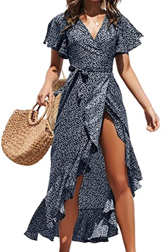 CUPSHE Damen Sommerkleid V Ausschnitt Kurzarm High Low Rüschen Wickelkleid